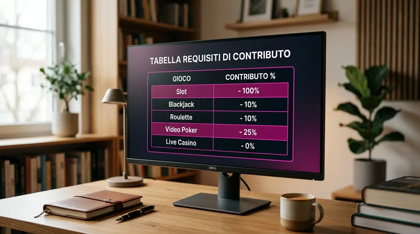 Tabella che mostra il contributo percentuale di slot, blackjack e roulette al wagering