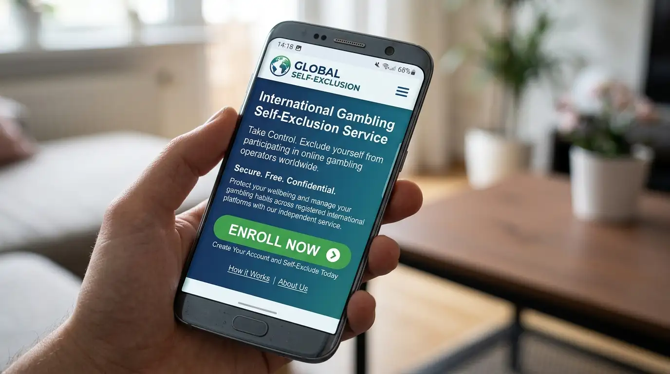 Smartphone in mano che mostra la pagina principale di uno strumento internazionale di autoesclusione