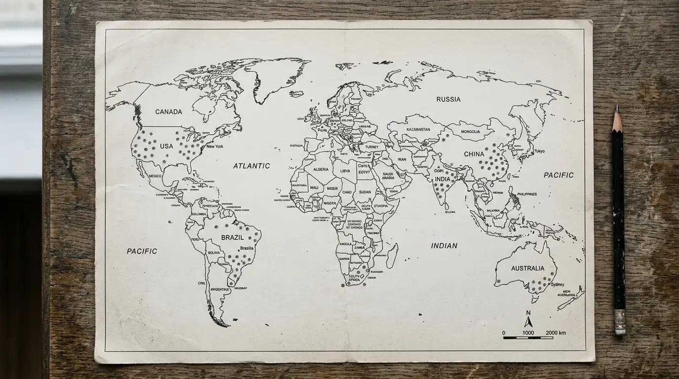 Mappa stampata in bianco e nero con piccoli punti che indicano paesi di copertura dei voucher prepagati