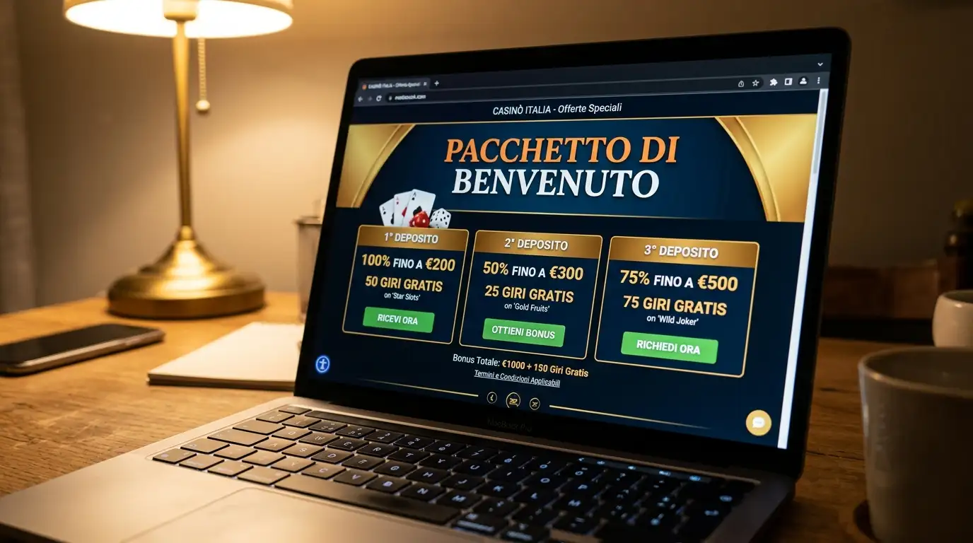 Schermo di laptop con scheda di benvenuto di casinò che mostra dettagli del pacchetto multi-deposito