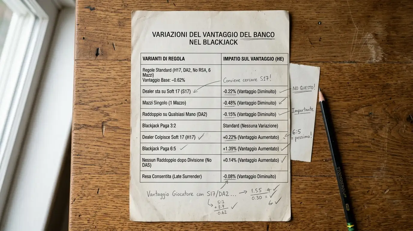 Documento stampato con tabella schematica del margine casa di varie versioni di blackjack