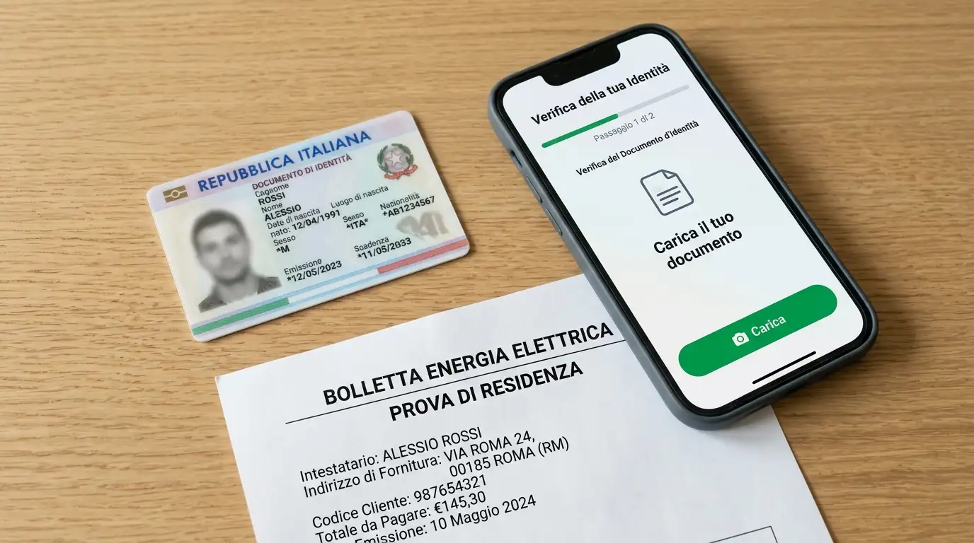 Documento di identità e prova di residenza disposti accanto a uno smartphone per la verifica KYC