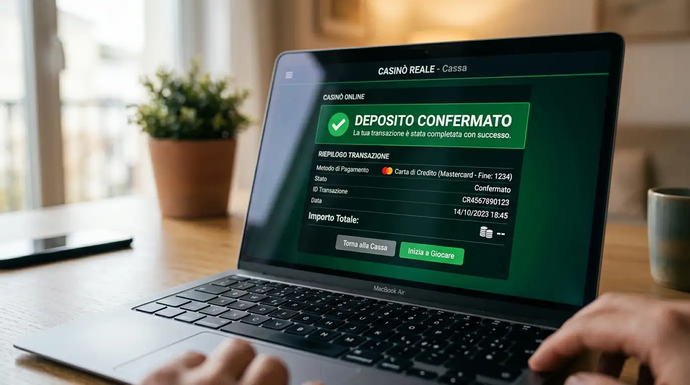 Schermo di laptop con la conferma di deposito istantaneo riuscito in pagina cassiere casinò online