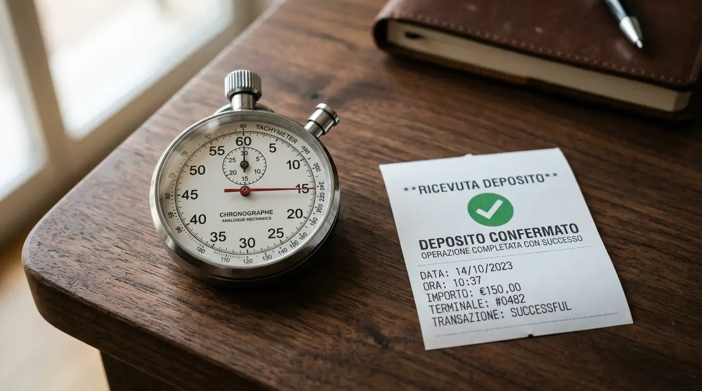 Cronometro e schermo che mostrano un pagamento processato in pochi secondi