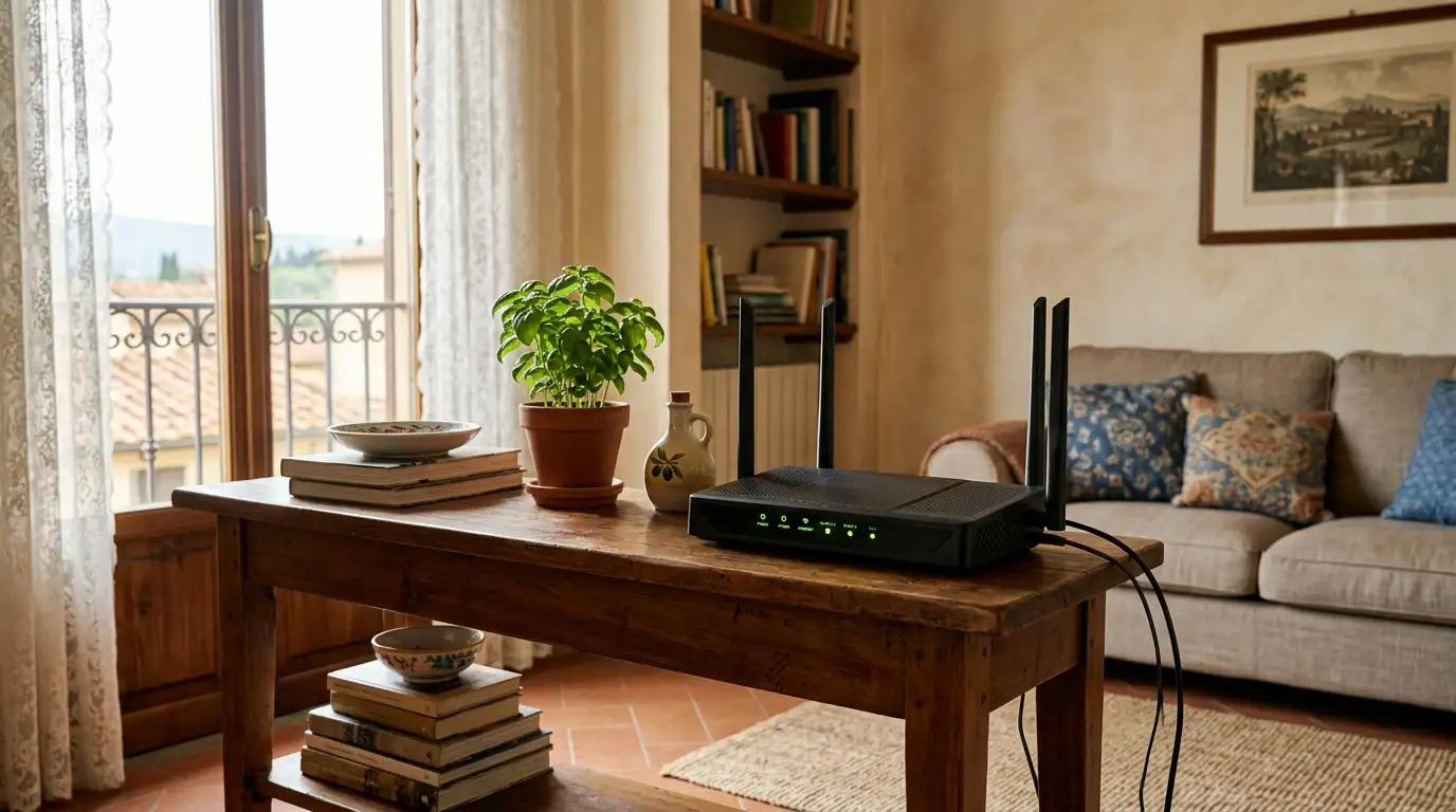 Router Wi-Fi domestico con luci accese accanto a un divano e un televisore spento sullo sfondo