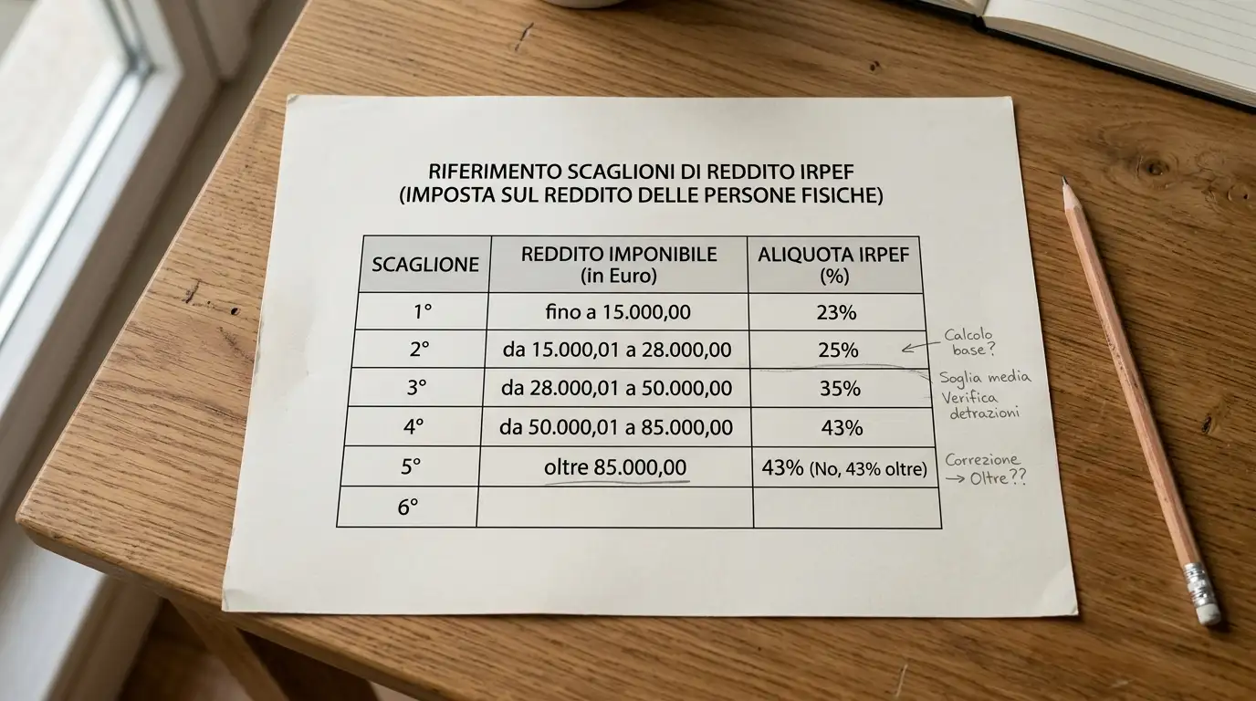 Documento stampato con tabella scaglioni IRPEF aperto su scrivania con annotazioni a matita sui margini