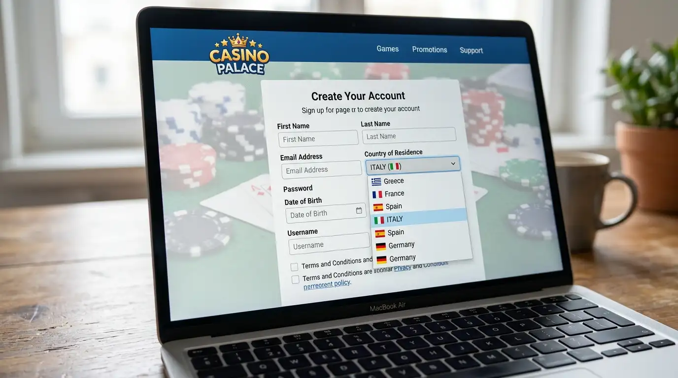 Schermo di laptop con la pagina di registrazione di un casinò estero che richiede la nazionalità del giocatore