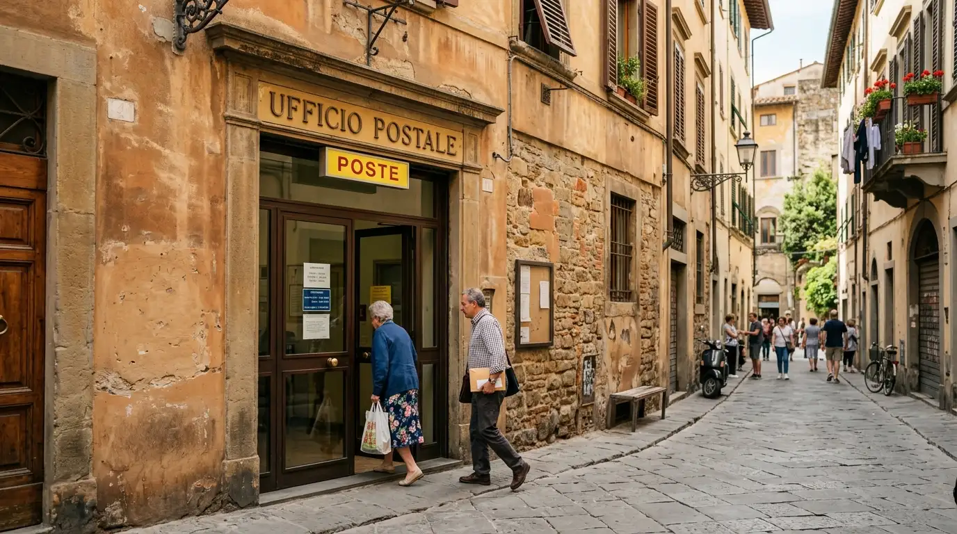 Vetrina di un ufficio postale italiano con insegna esterna e clienti che entrano nell'orario di apertura