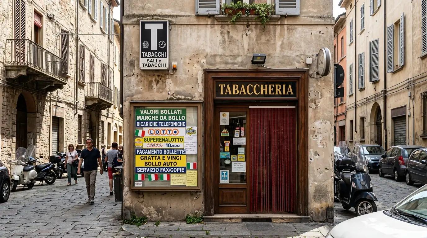 Insegna di una tabaccheria italiana con vetrina ricca di prodotti di servizi pagamento esposti