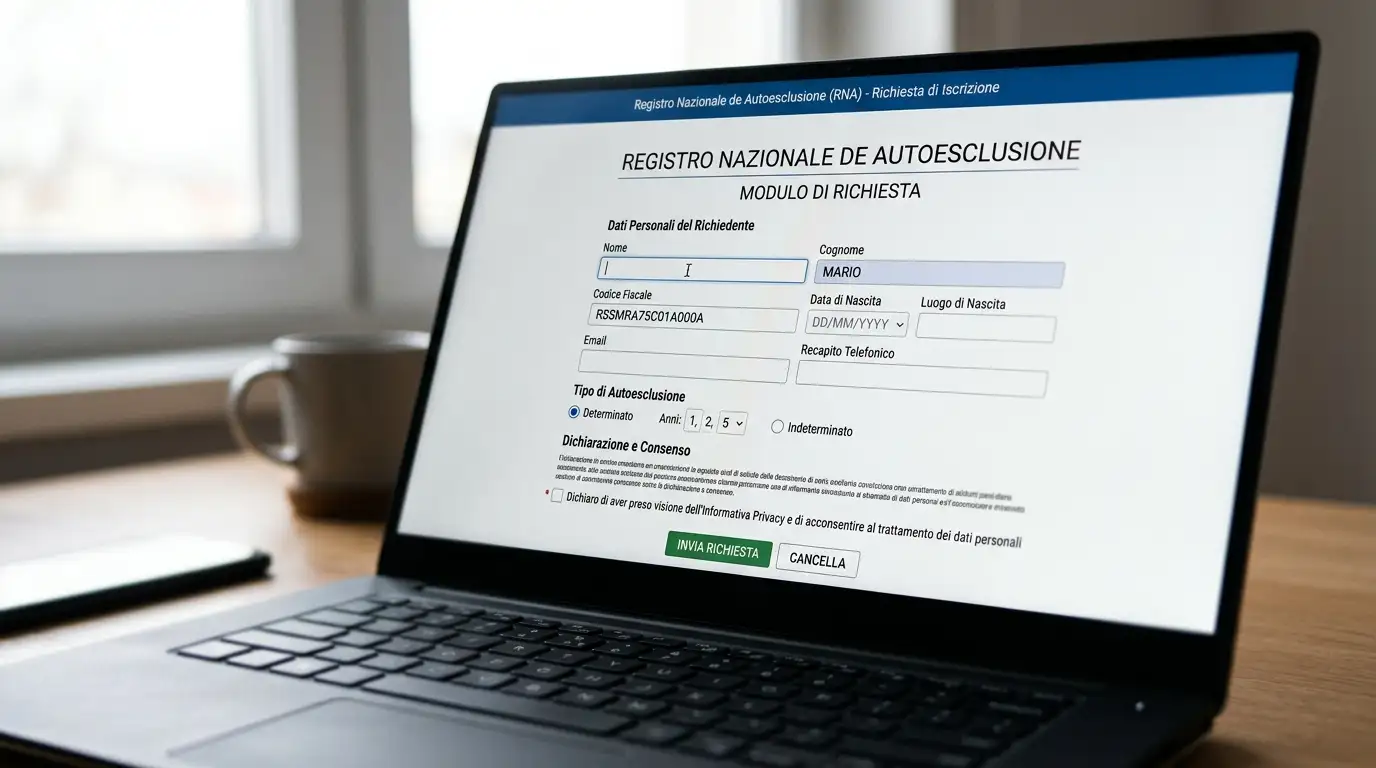 Schermo di laptop con la pagina del registro di autoesclusione italiano e modulo di richiesta in compilazione