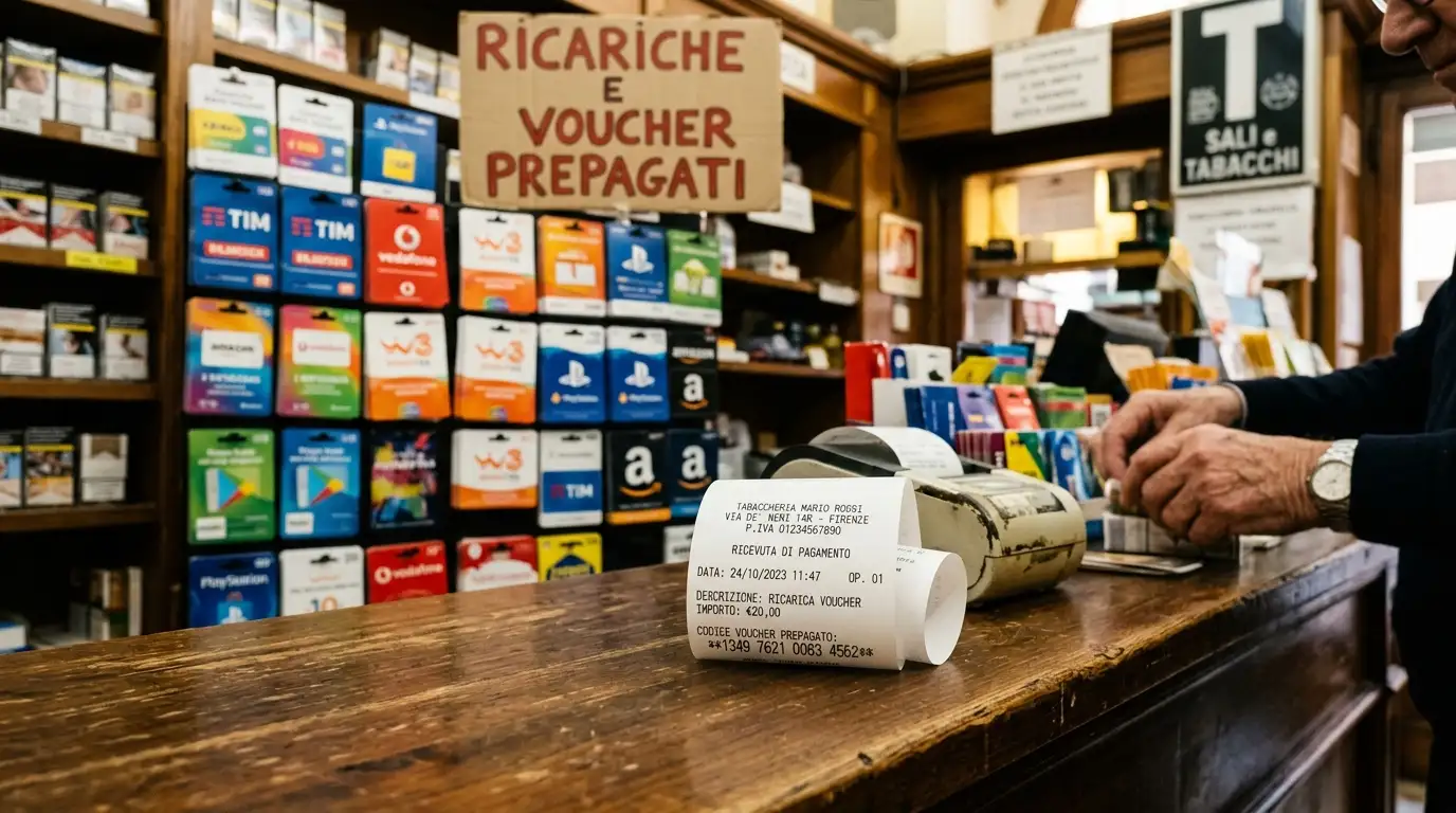 Tabaccheria italiana con espositore di voucher prepagati e ricariche digitali