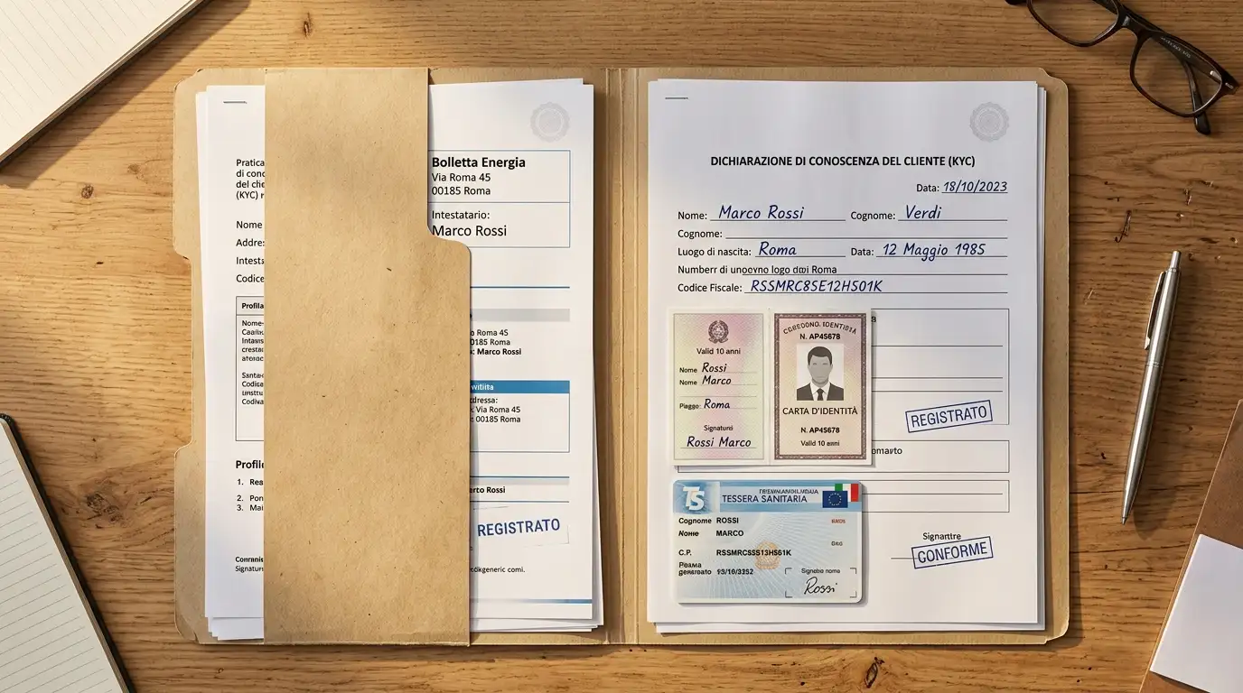 Cartellina aperta su una scrivania con documenti d'identità preparati in anticipo per la verifica KYC