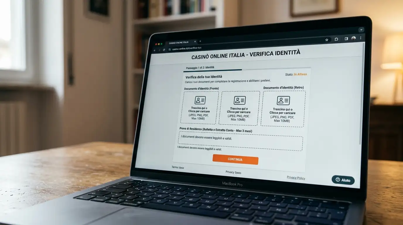 Schermo di laptop su pagina di verifica KYC di un casinò online con campi per caricamento documento