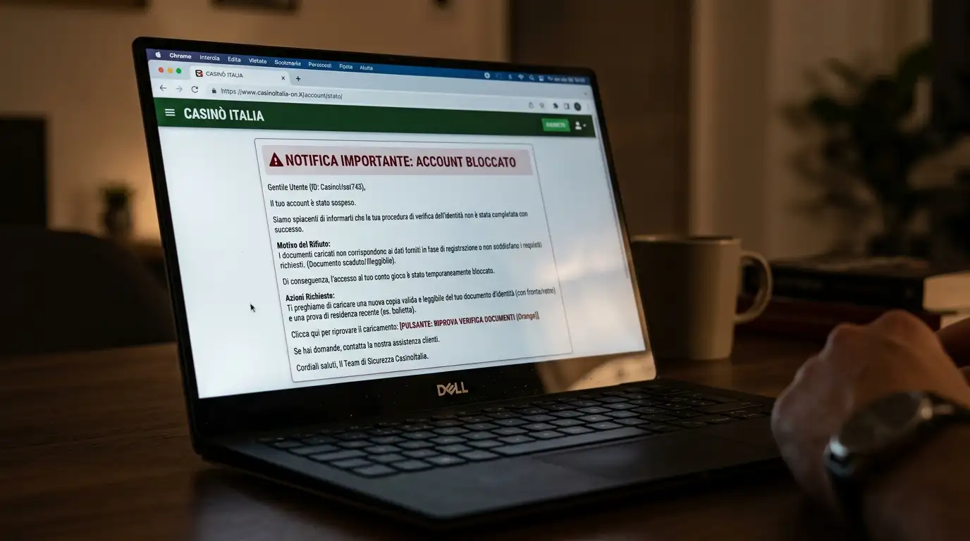Schermo di laptop con una notifica di conto bloccato dopo il rifiuto della verifica documentale