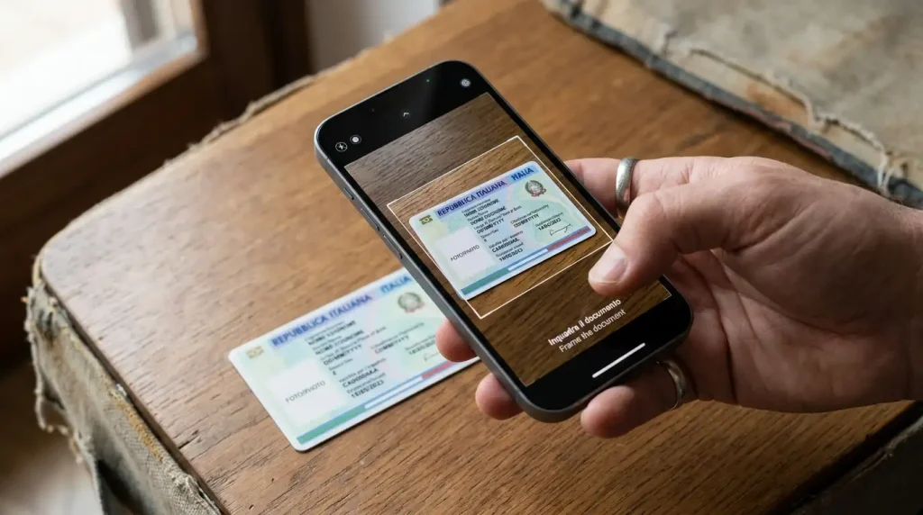 Smartphone in mano che inquadra un documento d