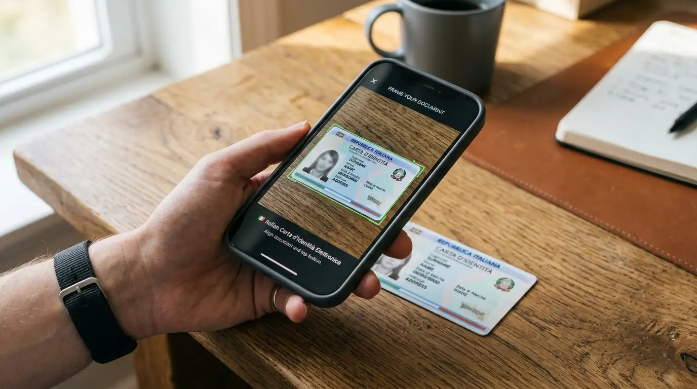 Smartphone in mano che inquadra un documento di identità italiano per il caricamento in una procedura di verifica