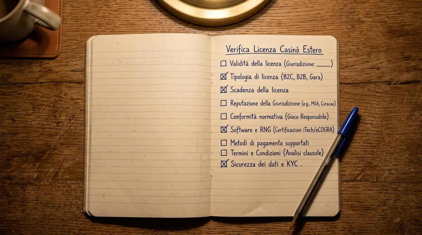 Quaderno aperto con una checklist scritta a mano per la valutazione della licenza di un casinò estero