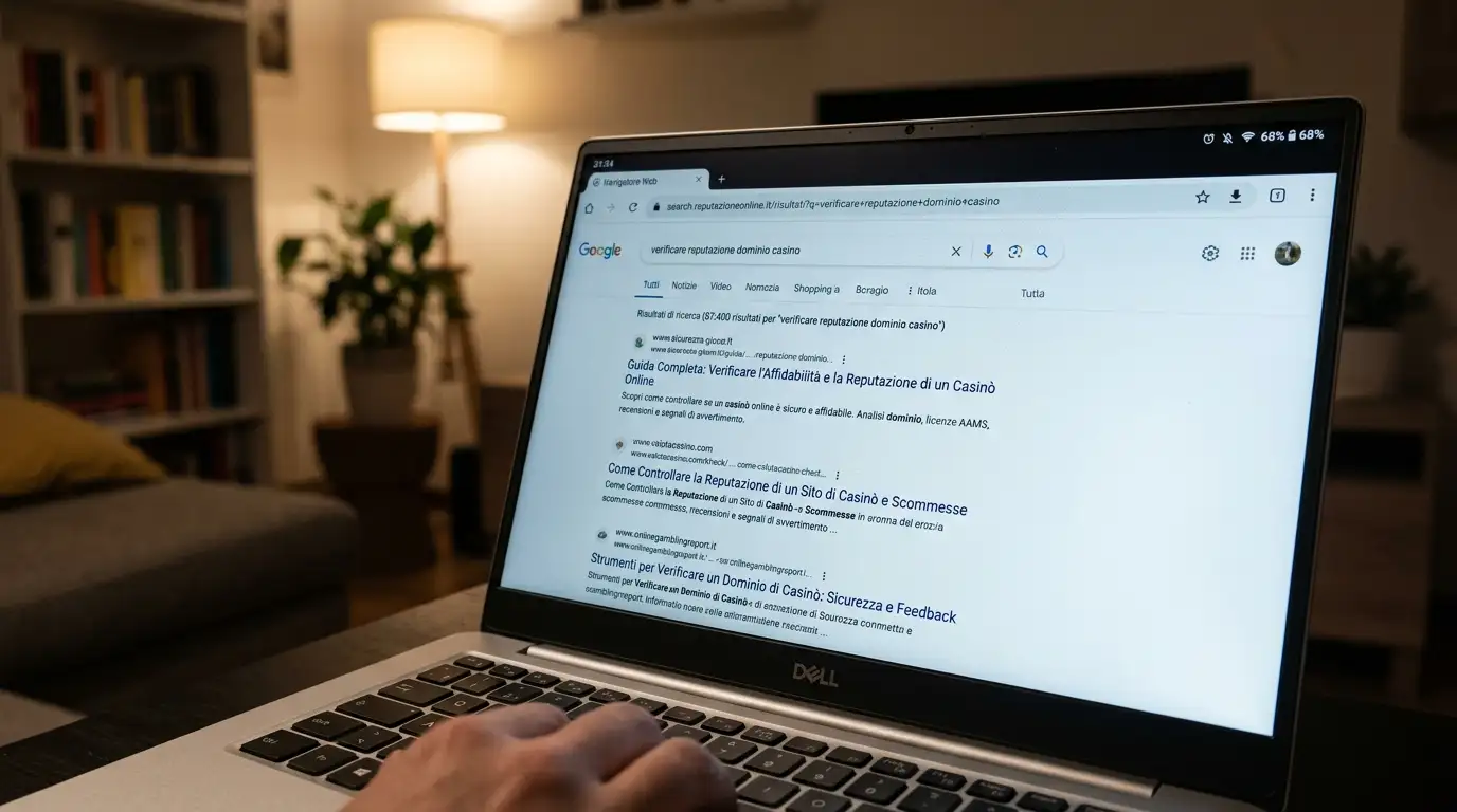 Schermo di laptop con un motore di ricerca aperto e risultato della verifica di un dominio sospetto
