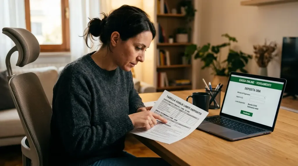 Persona davanti al laptop esamina un grafico stampato dei limiti orari e mensili di deposito su casinò online