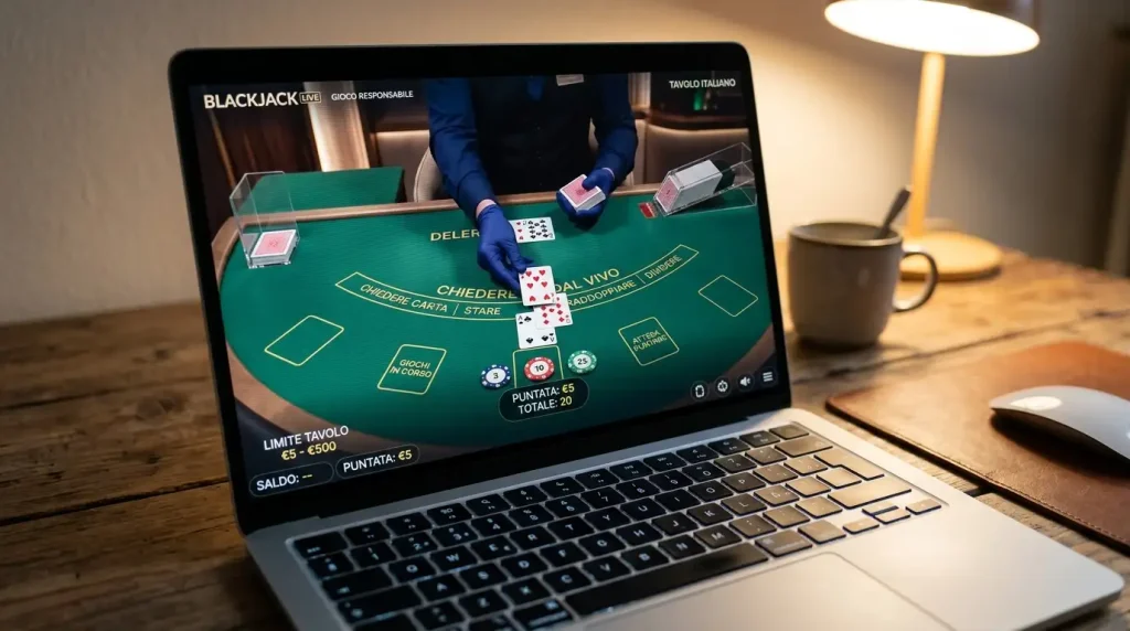 Schermo di laptop in primo piano con un tavolo di blackjack in diretta e mani del croupier in studio
