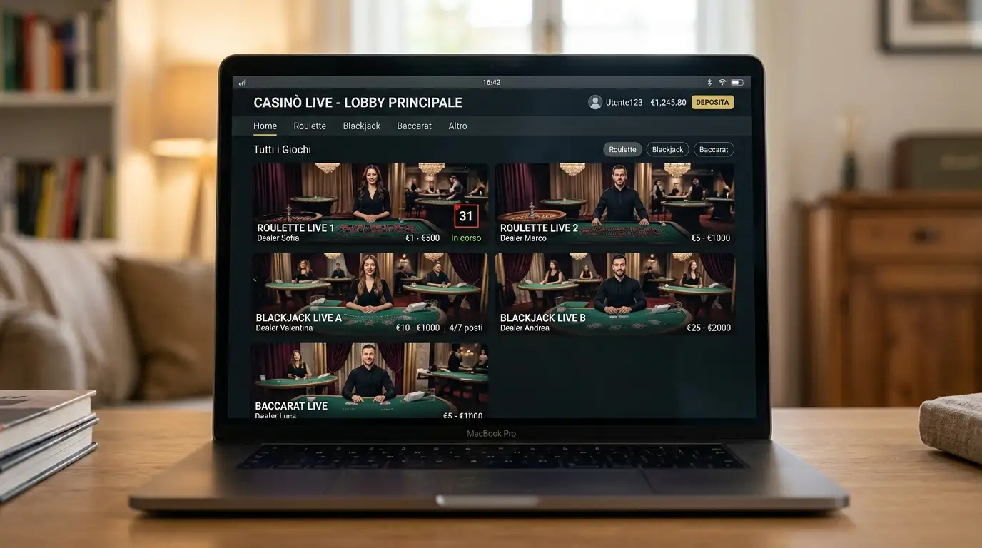 Schermo di laptop con una griglia di icone di tavoli live di vari giochi (roulette, blackjack, baccara)