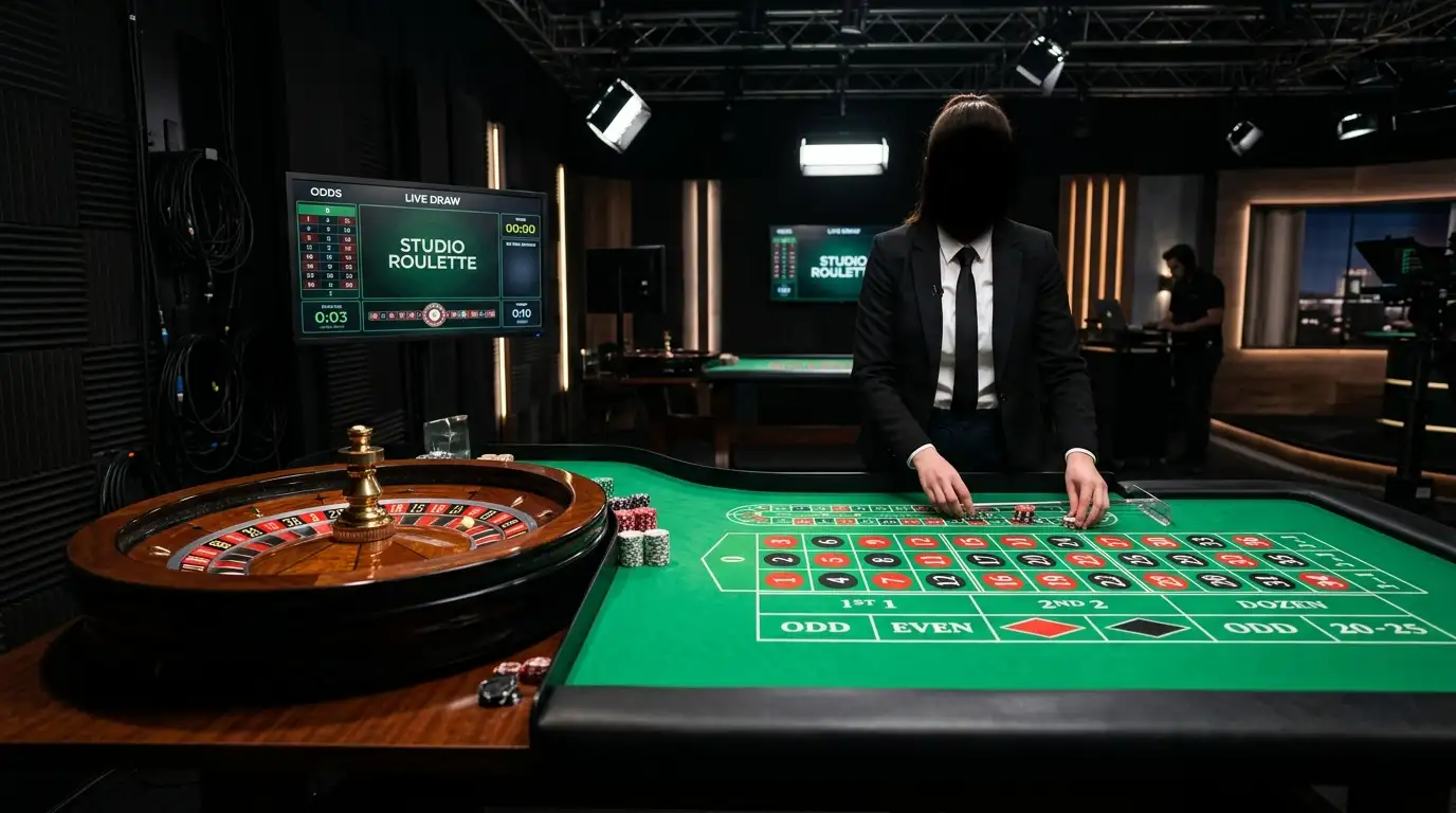 Studio di trasmissione live casino con un tavolo verde da roulette illuminato e operatore in camicia