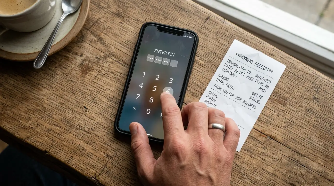 Mano che digita il PIN di un voucher prepagato su uno smartphone, scontrino voucher accanto