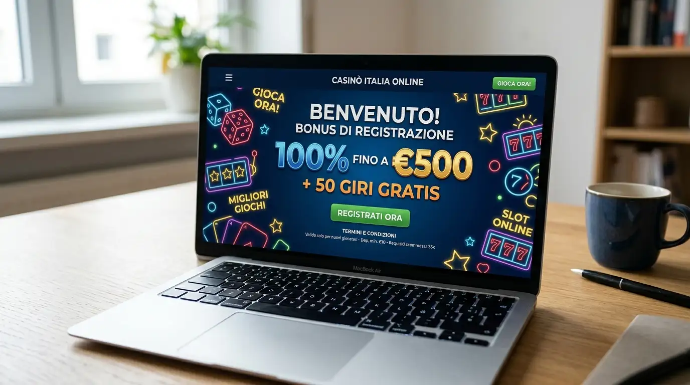Schermo di laptop che mostra una scheda di benvenuto di casinò con bonus di benvenuto sul deposito