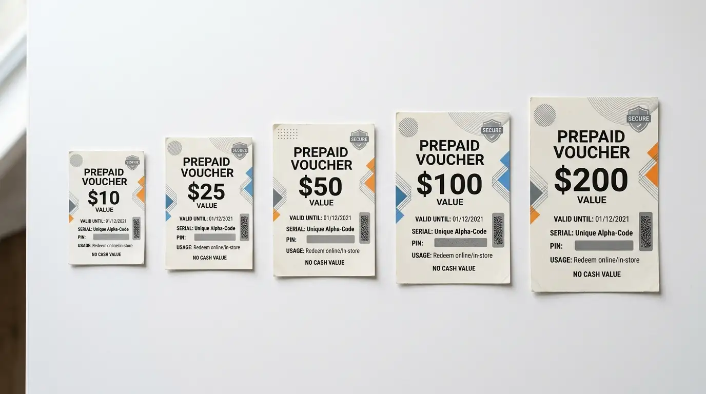 Sequenza di voucher prepagati di taglio crescente disposti a scala su una superficie bianca