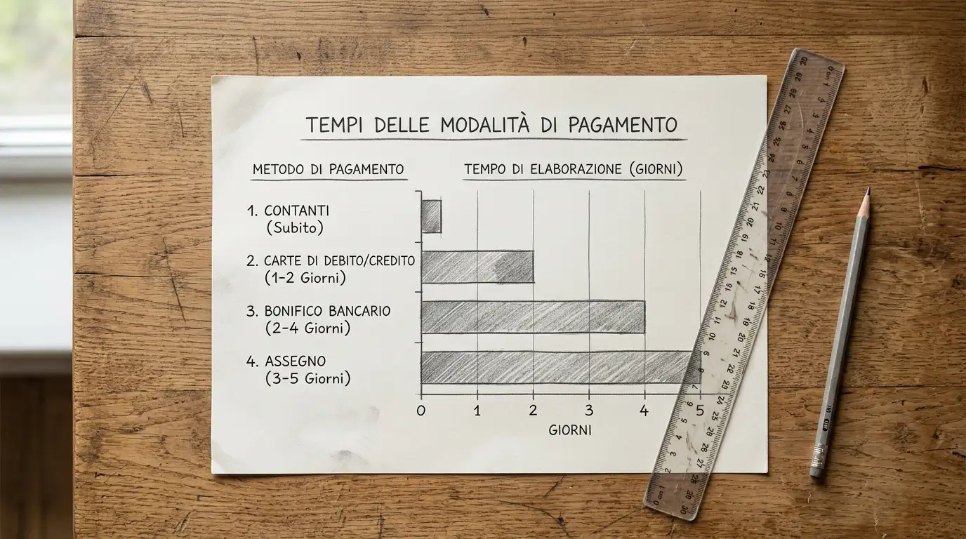 Foglio con una semplice scaletta a mano di tempi di accredito per diversi metodi di pagamento online