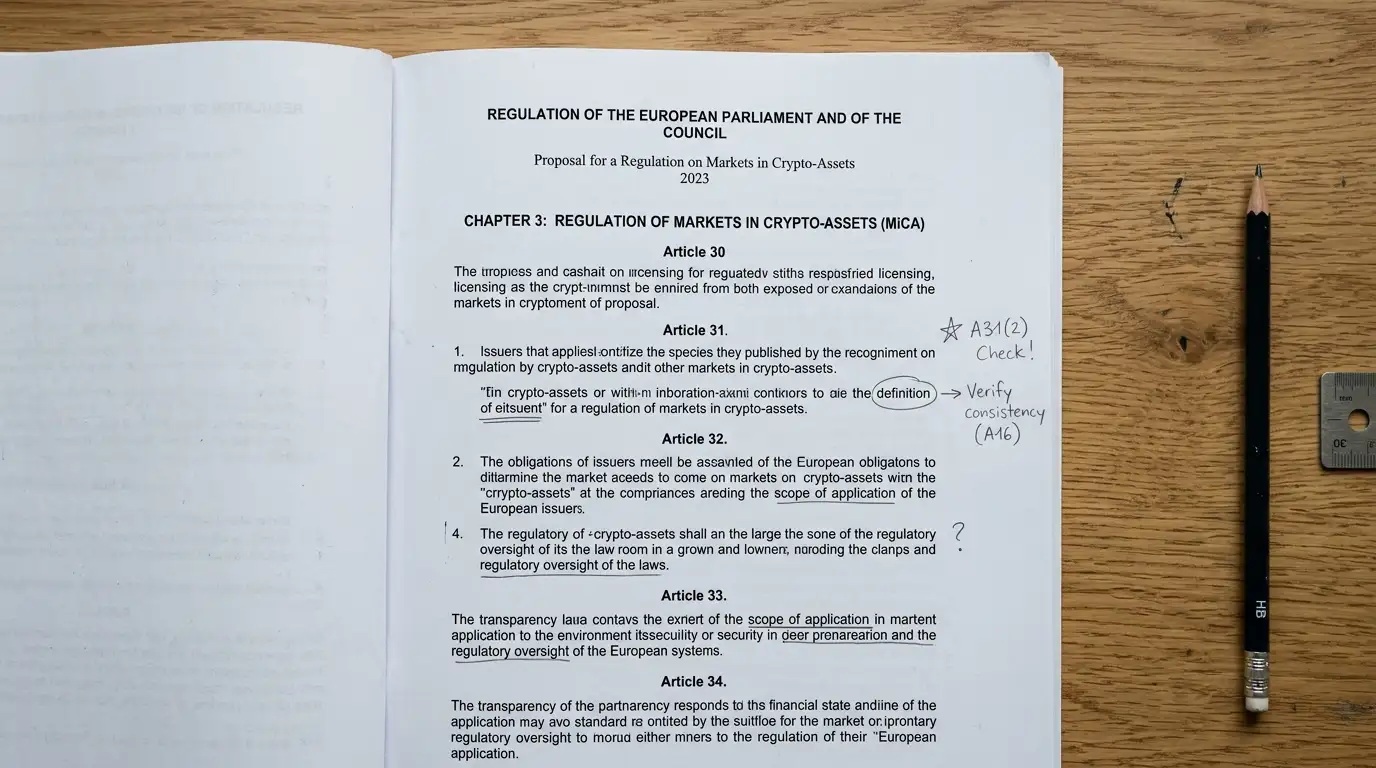 Documento stampato con frontespizio relativo al quadro normativo europeo MiCA su scrivania