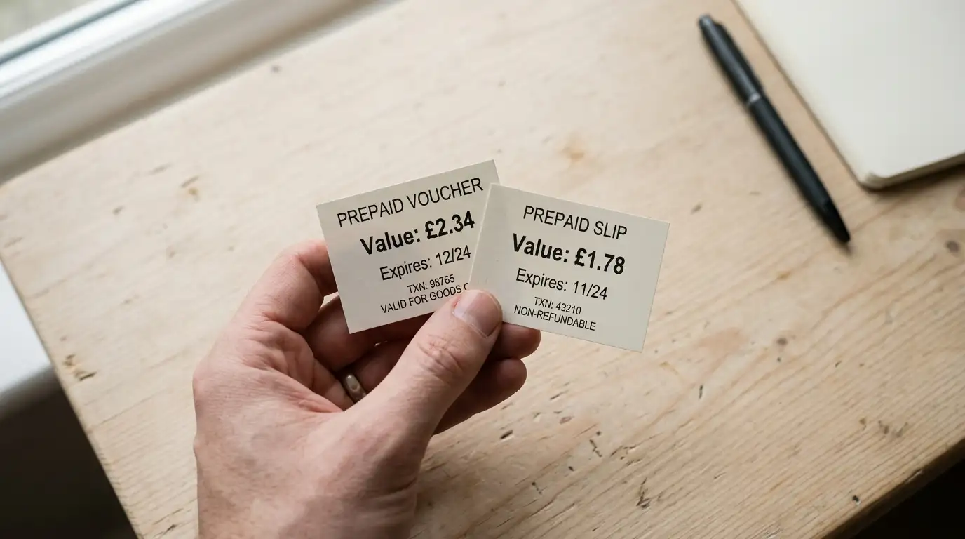 Mano che osserva due piccoli scontrini di voucher prepagati con valori residui minimi su un tavolo chiaro