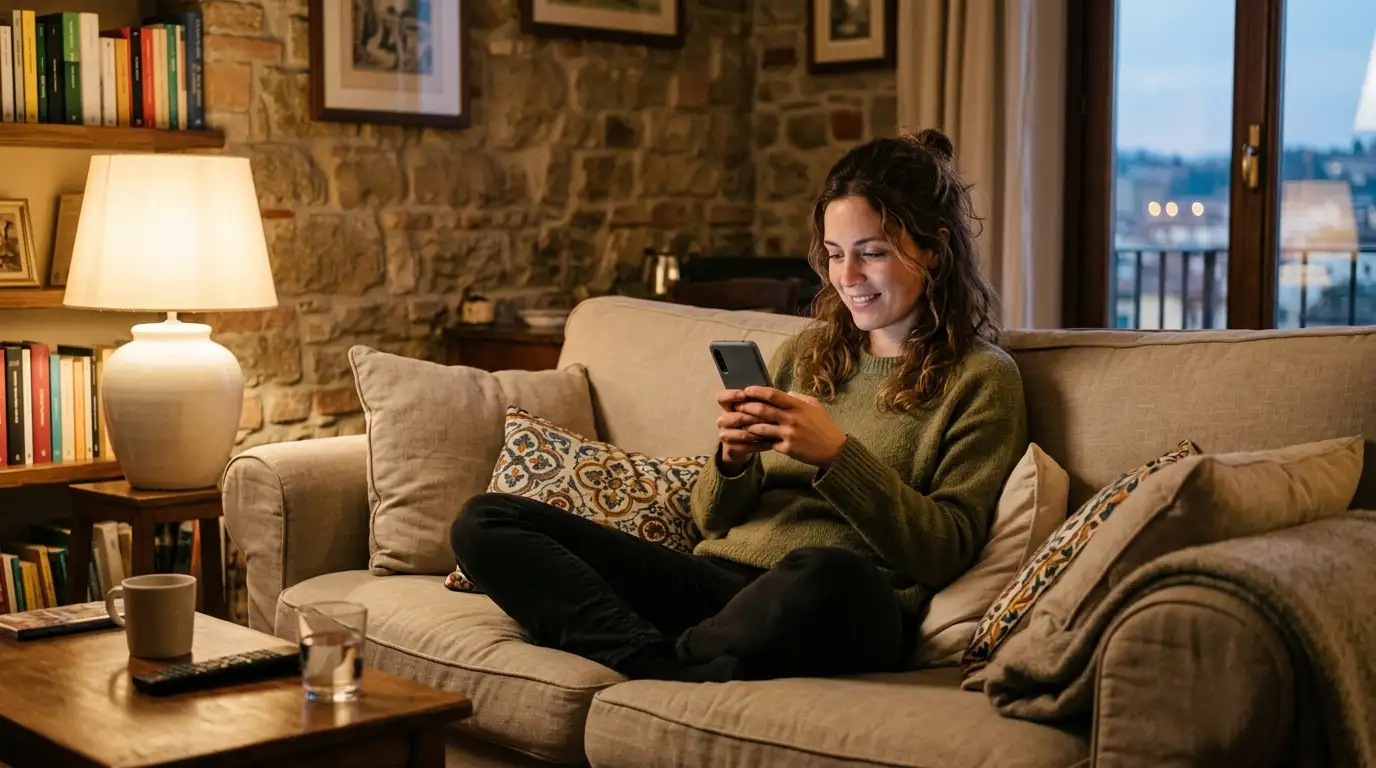 Persona seduta su un divano in salotto che usa lo smartphone in posizione comoda durante la serata