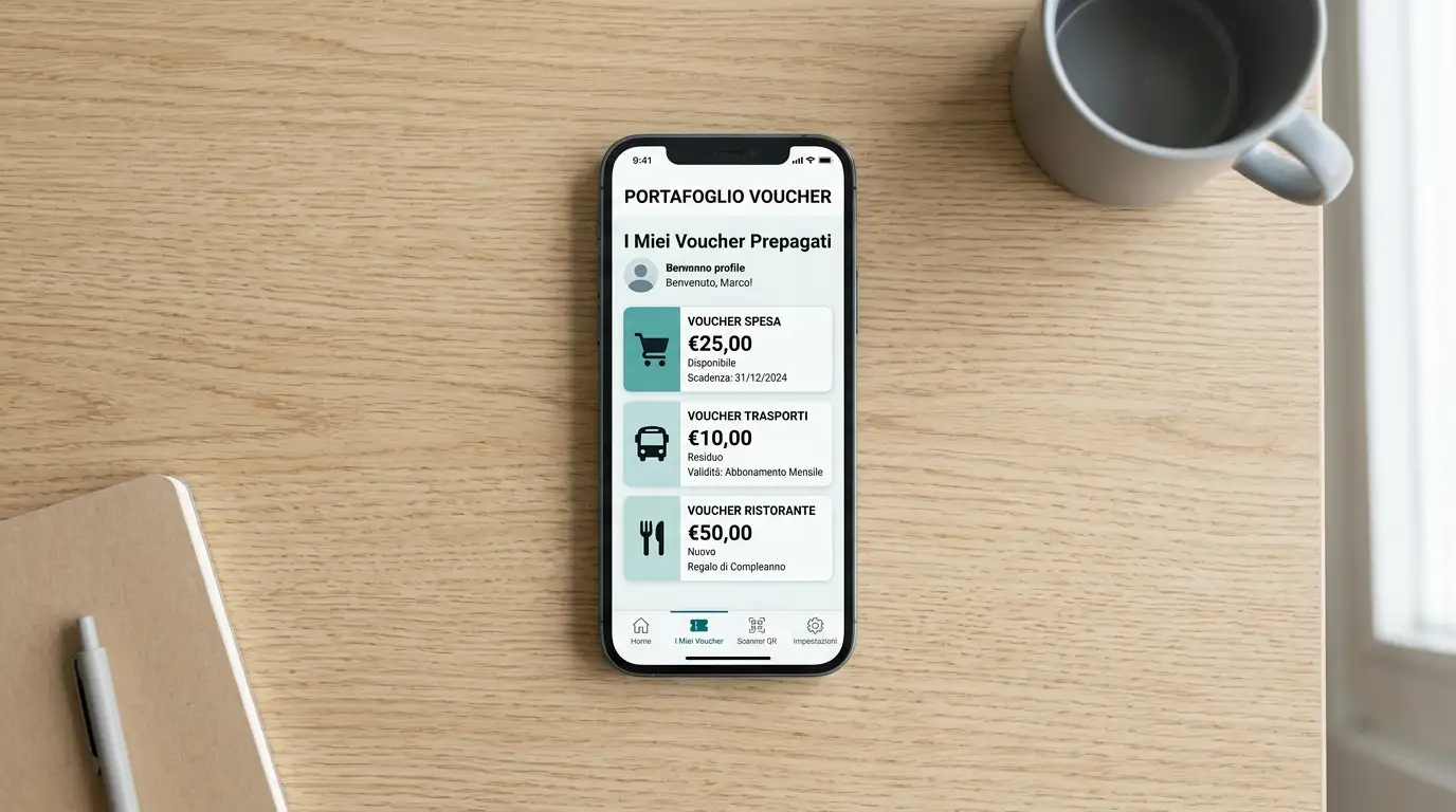 Smartphone su tavolo che mostra l'interfaccia principale di un'app wallet per voucher prepagati