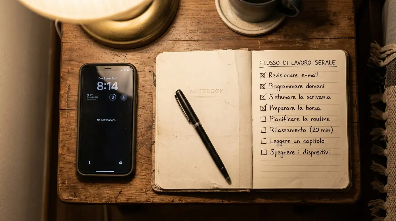Smartphone su un tavolino accanto a un quaderno con la routine serale di gioco scritta a penna