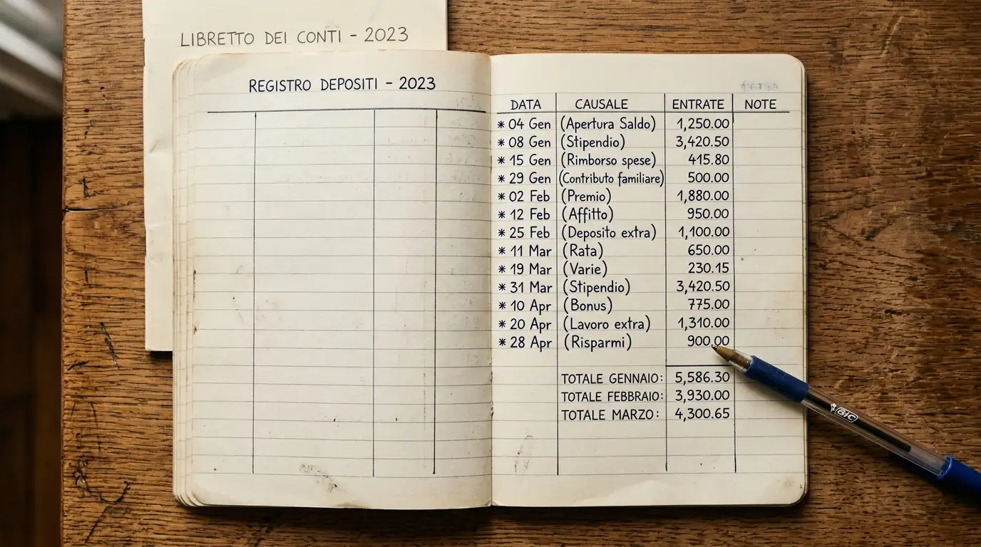 Quaderno aperto con una lista di voci di deposito annotate a penna lungo un mese di gioco