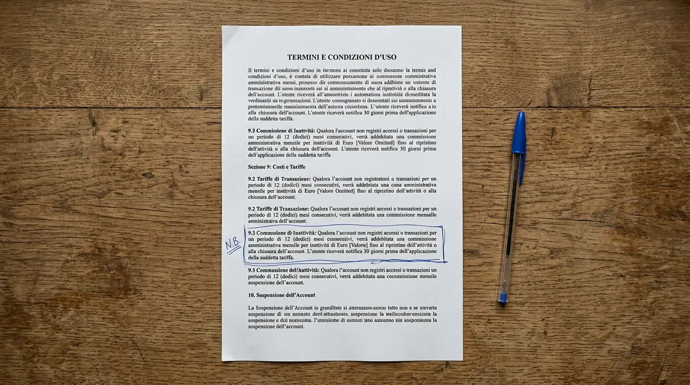 Documento stampato con dettagli sulle condizioni di inattività di un voucher evidenziati a penna