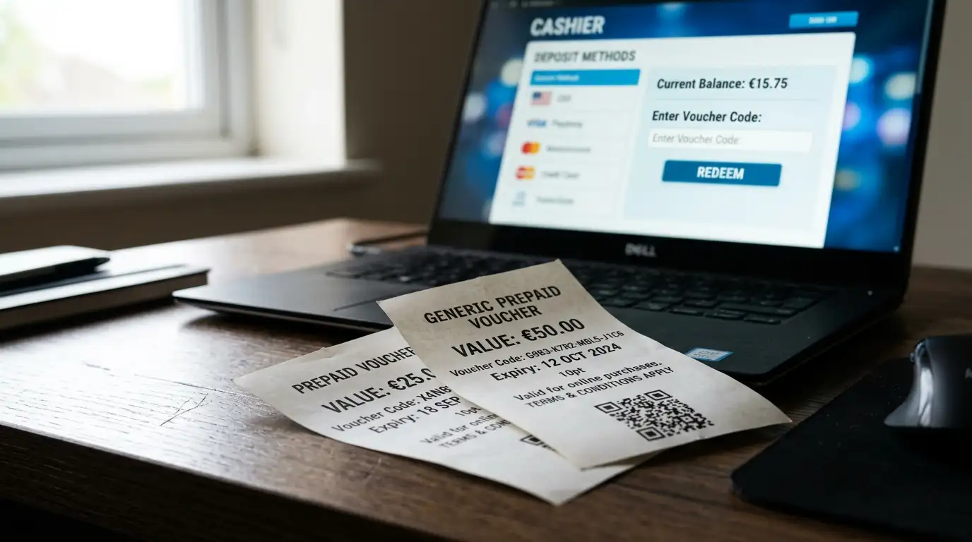 Due voucher prepagati sovrapposti su una superficie scura davanti a un PC che mostra la cassa di un casinò online
