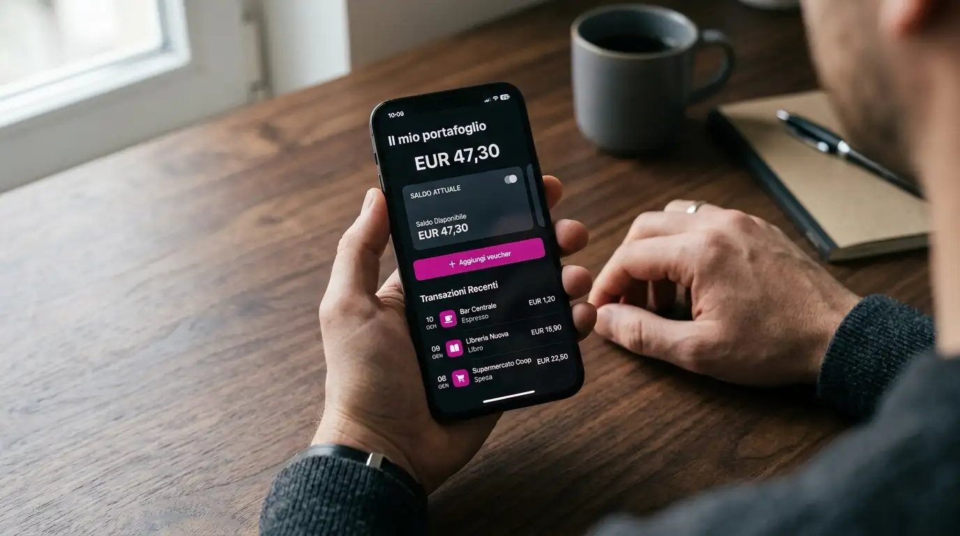 Smartphone con interfaccia di un'app di wallet digitale per la gestione di voucher