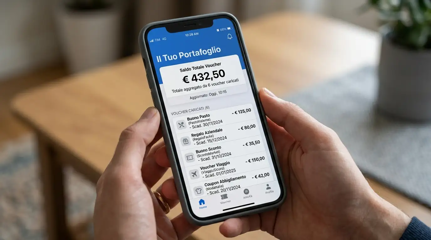 Smartphone con app wallet aperta che mostra il saldo aggregato di più voucher prepagati caricati