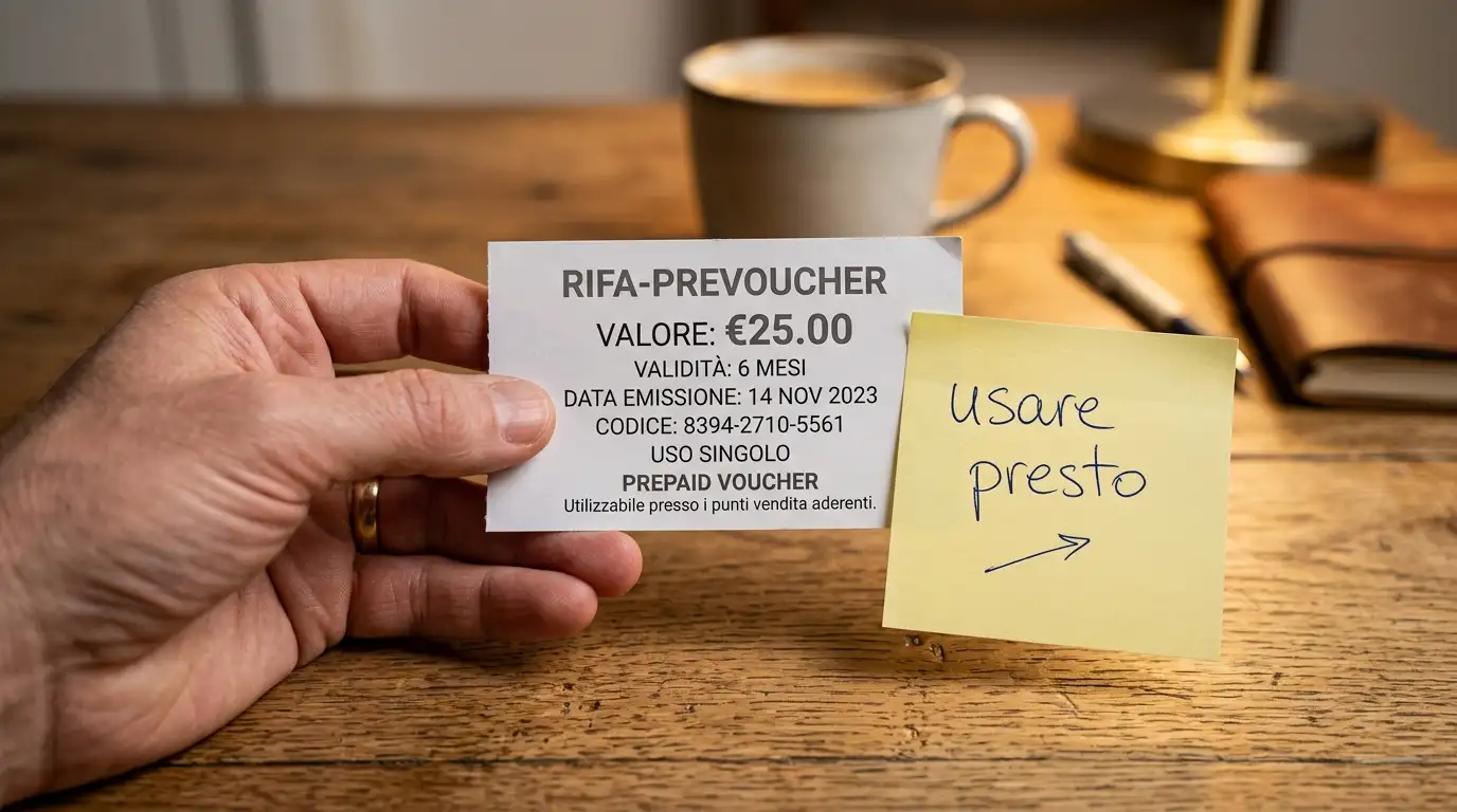 Mano che impugna un voucher prepagato con annotazione 'usare presto' scritta a penna su un post-it