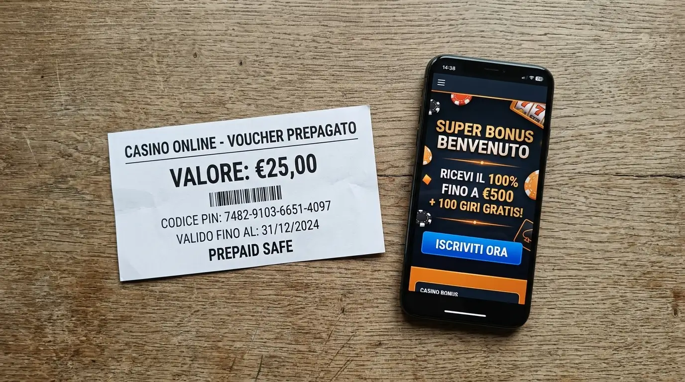 Voucher prepagato accanto a uno smartphone che mostra una promozione bonus su un casinò online