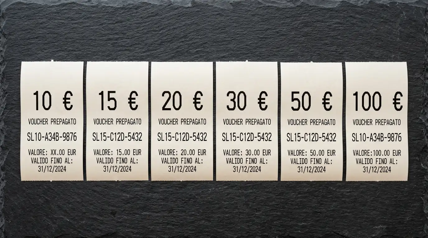 Tagli del voucher Neosurf da dieci a cento euro disposti in sequenza