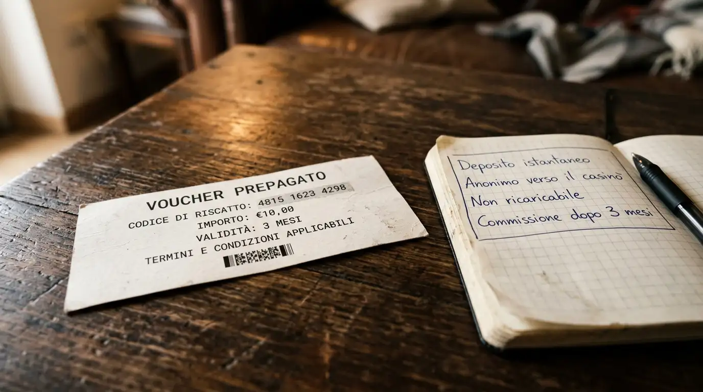 Voucher Neosurf affiancato a un blocco appunti riassuntivo delle sue caratteristiche