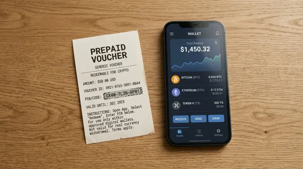 Voucher prepagato accanto a uno smartphone che mostra un