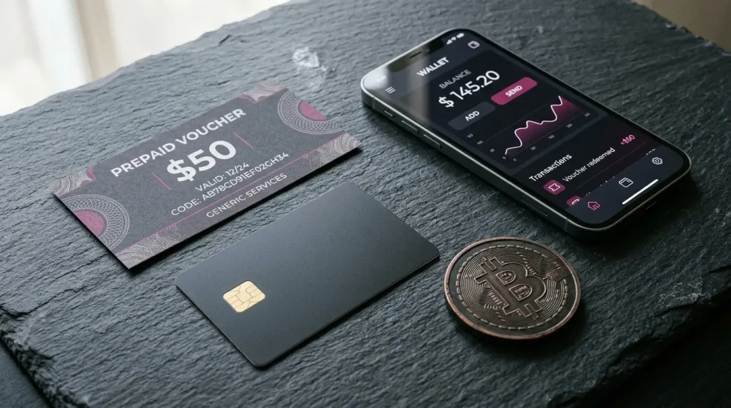 Voucher Neosurf affiancato a smartphone con e-wallet e simbolo Bitcoin a rappresentare il confronto fra metodi di pagamento