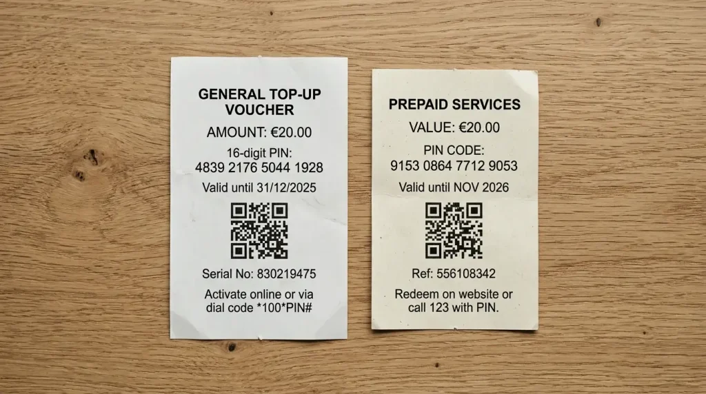 Due scontrini di voucher prepagati di brand differenti affiancati su scrivania per confronto visivo