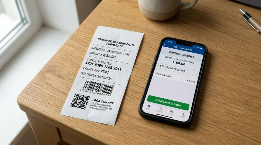 Voucher prepagato accanto a uno smartphone con app di pagamento postale italiana su scrivania chiara