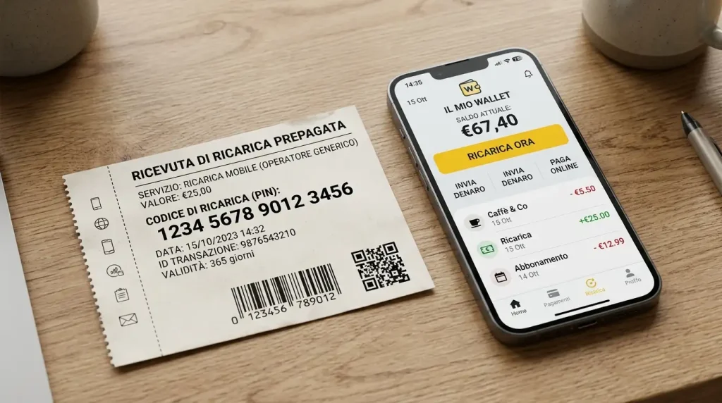 Voucher prepagato e smartphone con app di e-wallet affiancati su scrivania per confronto strumenti