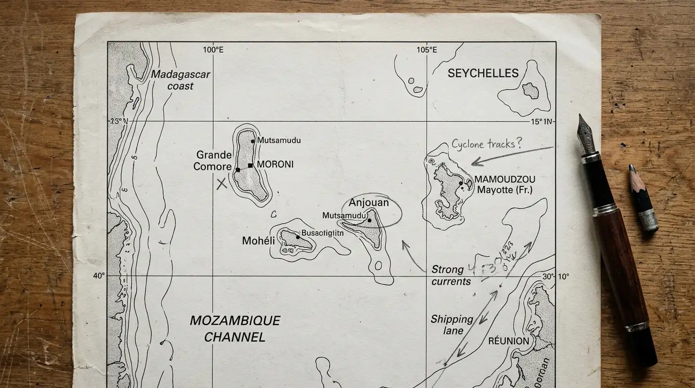 Mappa stampata in bianco e nero del corno d'Africa e dell'Oceano Indiano con annotazioni a matita